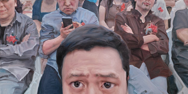 Ein gemaltes Bild, das mehrere Leute mit Handy zeigt, im Vordergrund ein Gesicht, dessen untere Hälfte abgeschnitten ist