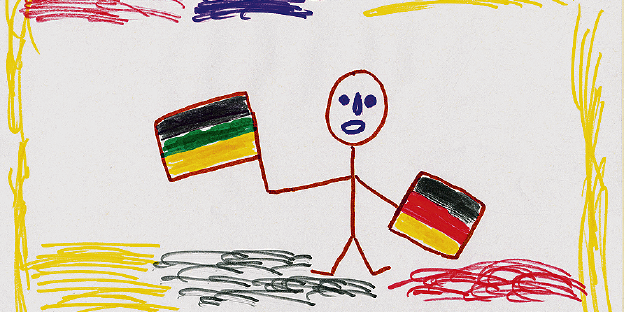 Eine Strichfigur hält eine Jamaika- und eine Deutschland-Flagge