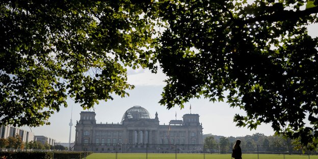 Der Berliner Reichstag im Hintergrund, im Vordergrund von grünen Bäumen umrahmt