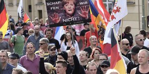 Eine Demo, in der Mitte ein Schild mit Merkels Gesicht, auf dem steht: Schaffen wir nicht