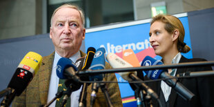 Alexander Gauland und Alice Weidel vor Mikrofonen