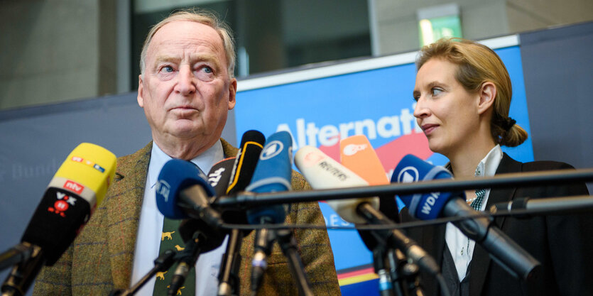 Alexander Gauland und Alice Weidel vor Mikrofonen