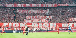 Transparent mit der Aufschrift "Fick dich DFB" in der Bayernkurve