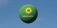 Ein grüner großer Luftballon mit einer Sonnenblume drauf fliegt vor einem blauen wolkenlosen Himmel