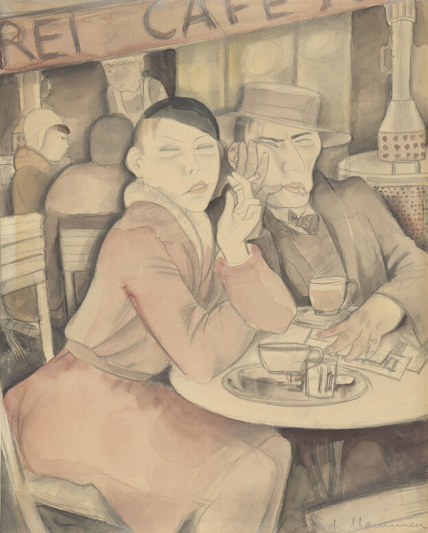 Frau und Mann an einem Cafétisch, eng aneinander gedruckt.Aquarell. Frau und Mann an einem Cafétisch, eng aneinander gedruckt.Aquarell.