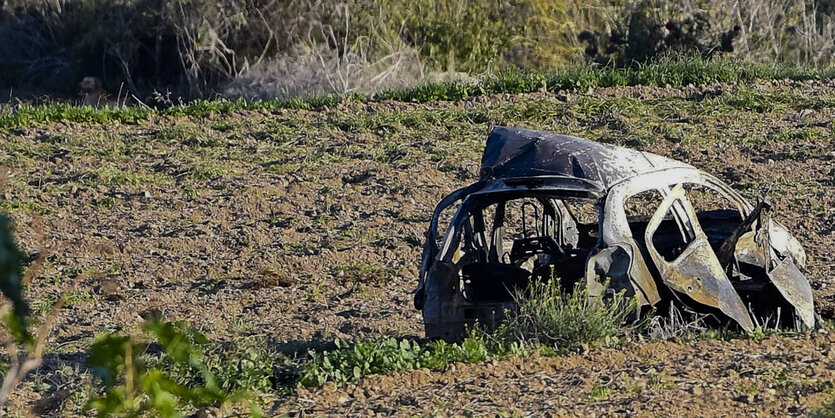 Das Wrack eines Autos liegt ausgebrannt auf einem Feld