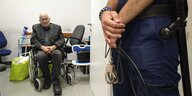 Horst Mahler sitzt in einem Rollstuhl, vor ihm steht ein ungarischer Polizist