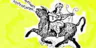 Eine Frau sitzt auf auf einem Stier und spielt Gitarre. Daneben steht die Schrift Schöner Götterfunken