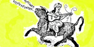 Eine Frau sitzt auf auf einem Stier und spielt Gitarre. Daneben steht die Schrift Schöner Götterfunken