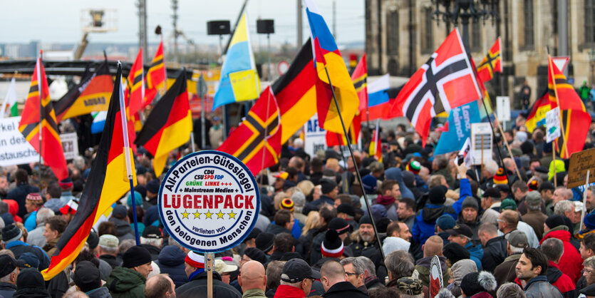 Pegida-Demonstrant*innen mit Flaggen und Schildern