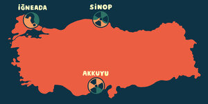 eine rotgefärbte Karte der Türkei mit drei markierten Standorten
