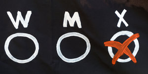Auf schwarzem Hintergrund drei weiße Kreise zum Ankreuzen. Über dem ersten steht ein „W“, über dem zweiten ein „M“, über dem dritten „X“