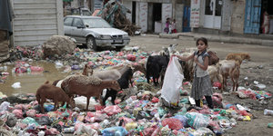 Ein Mädchen sucht im Abfall auf einer Straße nach Verwertbarem. Um sie herum stehen Ziegen.