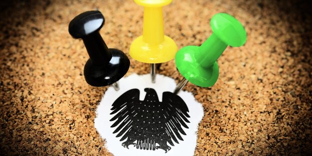 Drei Pinwan-Nadeln in den Jamaika-Farben stecken auf einem Bild mit schwarzem Adler