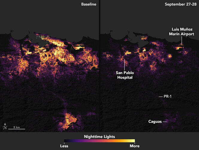 Zwei Karten zeigen Puerto Rico bei Nacht. Vor dem Sturm