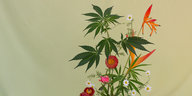 Vor einem weißen Hintergrund befindet sich ein Blumenarrangement mit Cannabis-Blättern.