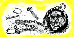 Illustration einer zerstörten Fußfessel mit dem Gesicht Mugabes