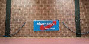 Das Logo der AfD hängt an einer braunen Wand