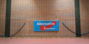 Das Logo der AfD hängt an einer braunen Wand