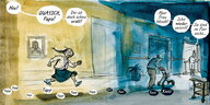 Eine Szene aus dem Comic: Ein Mädchen läuft und verwandelt sich auf der anderen Bildhälfte in eine alte Frau mit Rollator