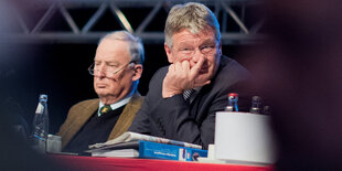 Die später zu den neuen AfD-Bundesvorsitzenden gewählten Jörg Meuthen (r) und Alexander Gauland sitzen am 02.12.2017 beim Bundesparteitag der Alternative für Deutschland im HCC Hannover Congress Centrum in Hannover (Niedersachsen).