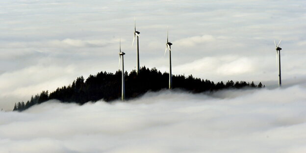 Vier Windkrafträder ragen aus einem Nebelmeer