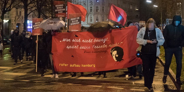 Ein Demonstrationszug mit einem Transparent an der Spitze, auf dem steht: "Wer sich nicht bewegt, spürt seine Fesseln nicht. Rosa Luxemburg"