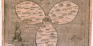 Ein Holzschnitt zeigt ein Kleeblatt, das die Welt darstellt
