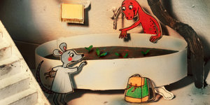 Eine Zeichnung mit einer Maus und einem Lurch. Sie stehen beide vor einer Art Badewanne mit brauner Brühe darin.