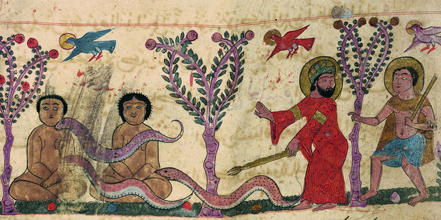 Eine mittelalterliche Zeichnung mit einer rotgekleideten Person mit Stab, der in Richtung von Schlangen weist. Mehrere nackte Menschen sitzen
