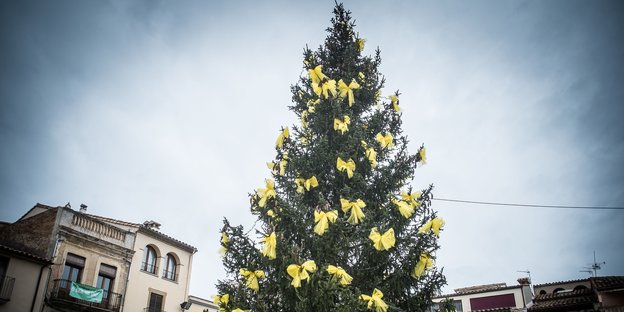Ein Tannenbaum steht auf einem öffentlichen Platz und ist mit gelben Schleifen geschmückt