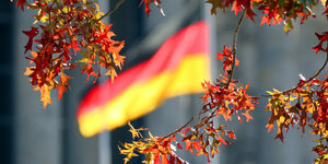 Herbstlich gefärbte Blätter vor einer Deutschland-Fahne