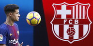 ein Mann wirft einen Fußball hoch, rechts neben ihm das Logo des FC Barcelona
