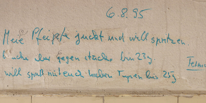 Graffiti auf Toilettenwand.