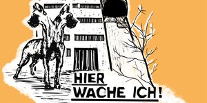 Illustration: Ein Hund mit zwei Köpfen steht vor der taz. Darunter steht: Hier wache ich