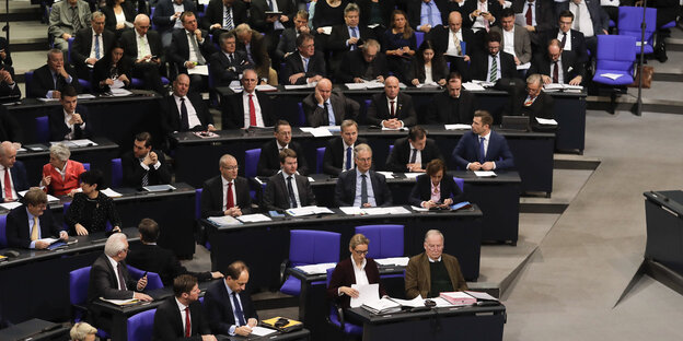 Viele AfDler sitzen in Sitzreihen im Bundestag