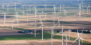 Unzählige Windräder stehen scheinbar durcheinander auf braunen und grünen Feldern.