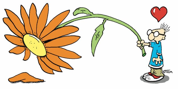 Eine Zeichnung zeigt eine Comicfigur mit einer großen Blume