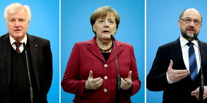 Montage: links von Angela Merkel Horst Seehofer, rechts Martin Schulz