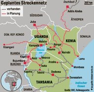 Landkarte von Ostafrika mit Eisenbahnnetz