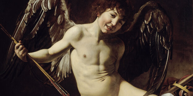 Ausschnitt aus Caravaggios Gemälde "Amor als Sieger"; Knabe mit Flügeln