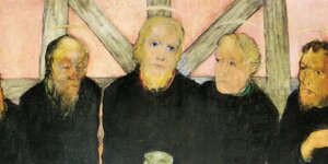 Ein Gemälde, das vier schwarz gekleidete Männer an einem runden Tisch zeigt. Alle haben einen Heiligenschein und blicken auf den Mann in der Mitte.