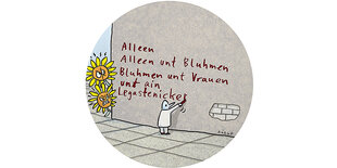 Illustration: ein Mann schreibt ein Gedicht an die Wand - mit vielen Rechtschreibfehlern