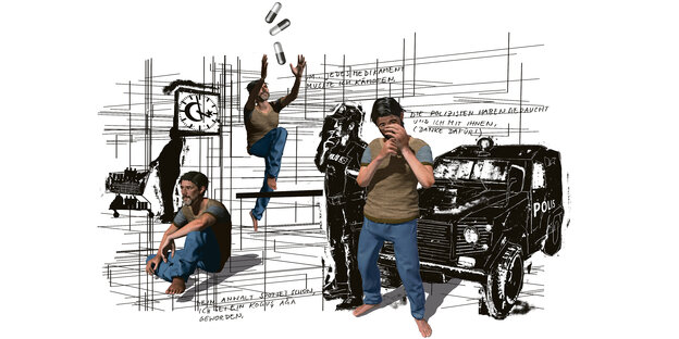 eine computergenerierte Illustration mit Szenen aus Deniz Yücels Gefangenschaft