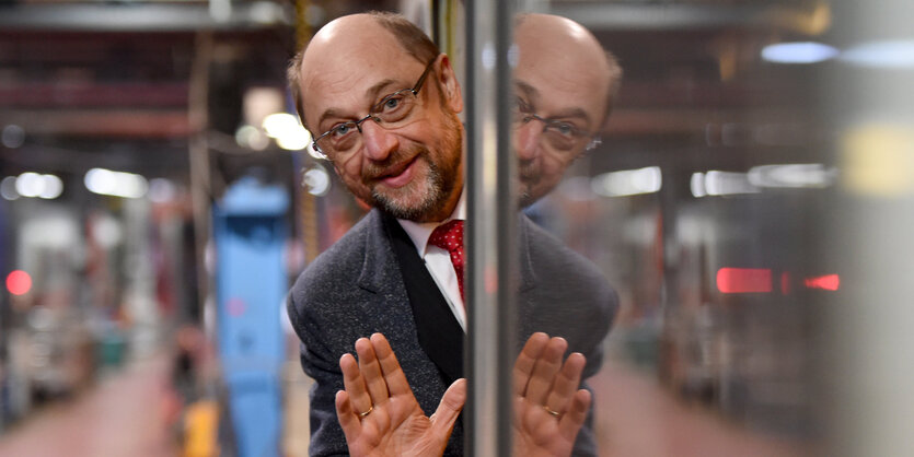 Martin Schulz winkt aus einem Bahnwaggon