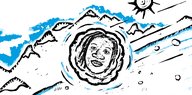 Die Illustration zeigt einen Stein mit weiblichem Gesicht, der einen Berg hinunter rollt