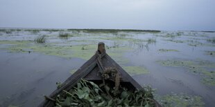 Auf dem Wasser: Die Spitze eines Bootes ist zu sehen.