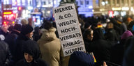 Menschen in Wintermänteln stehen in der Hamburger Innenstadt. Einer hält ein Schild hoch, auf dem steht: "Merkel und Co. wegen Hochverrats einkassieren".