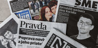 Mehrere Tageszeitungen, die berichten über die Ermordung eines slowakischen Enthüllungsjournalisten und seiner Verlobten