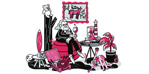 Illustration eines Mannes, der inzwischen von Gerümpel sitzt und isst